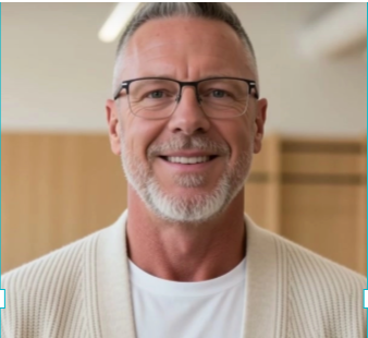 Robert, founder of Modern Masculinity Society: a smiling man with grey hair, glasses, and a short beard, wearing a cream cardigan over a white shirt.